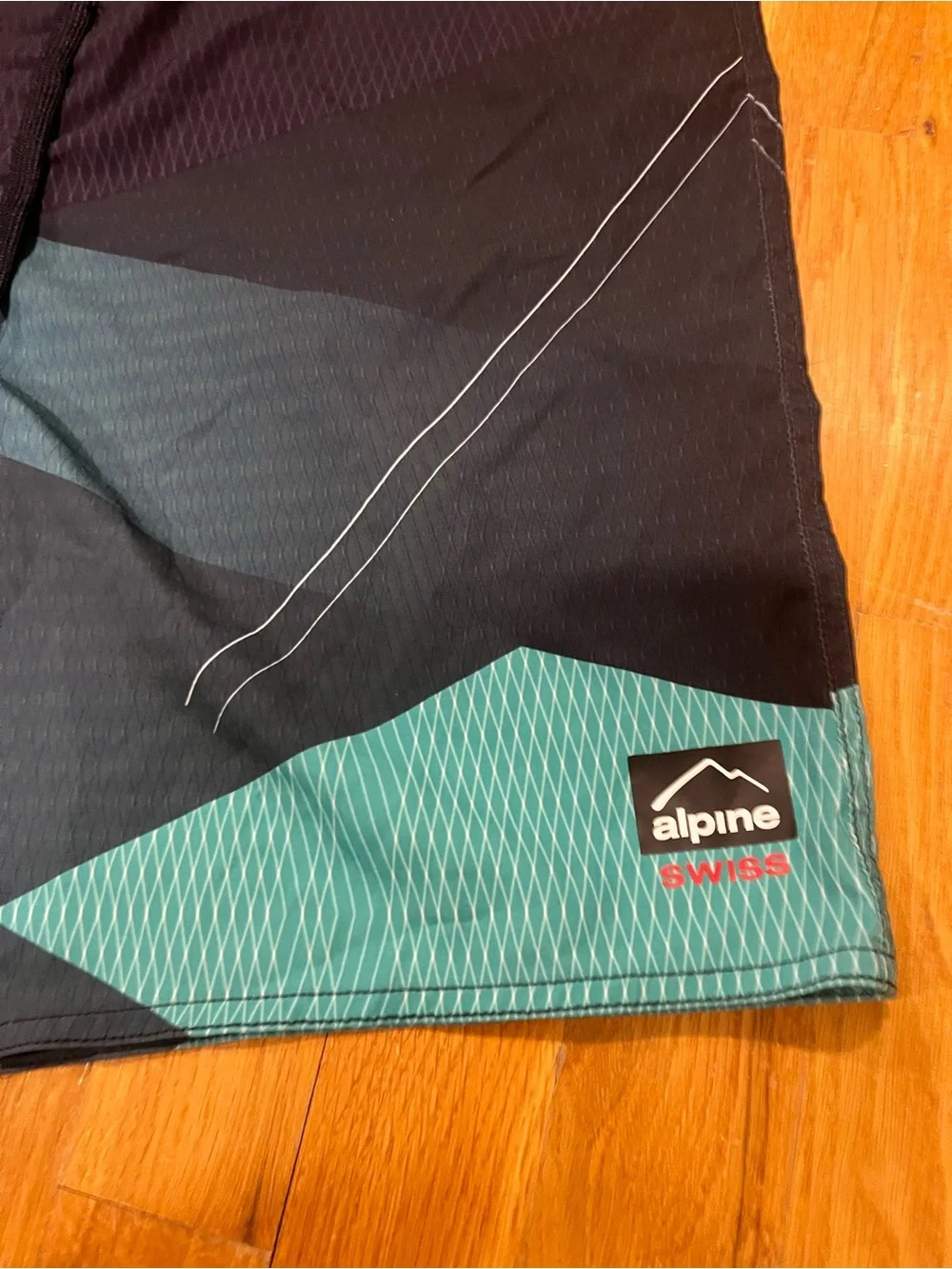 Alpine Swiss Black and Teal Chevron Men’s Swim Board Shorts